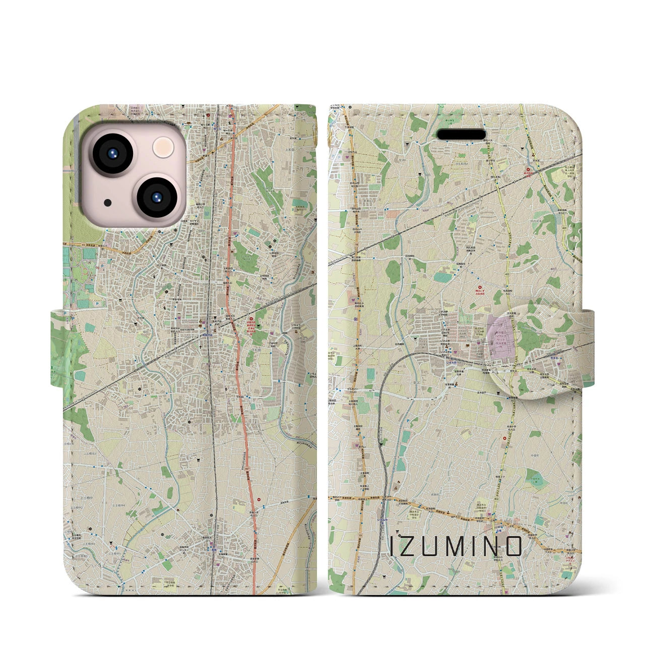 【いずみ野(神奈川県)】地図柄iPhoneケース(手帳タイプ)ナチュラル・iPhone 13 mini 用