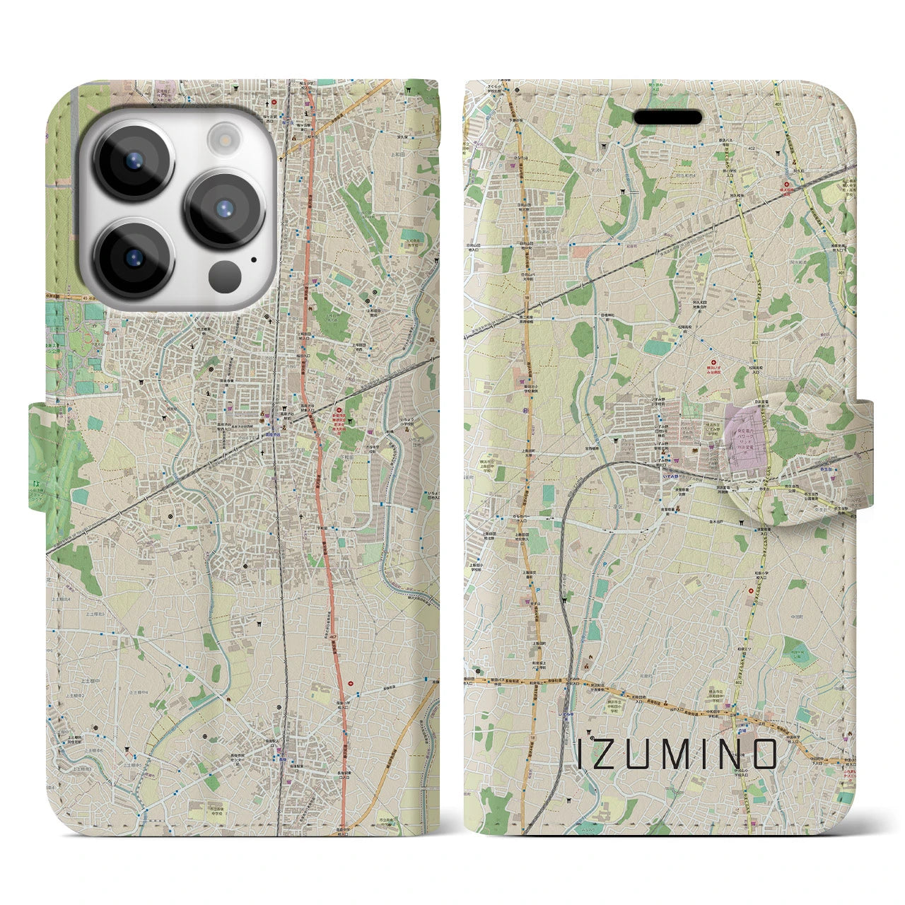 【いずみ野(神奈川県)】地図柄iPhoneケース(手帳タイプ)ナチュラル・iPhone 14 Pro 用