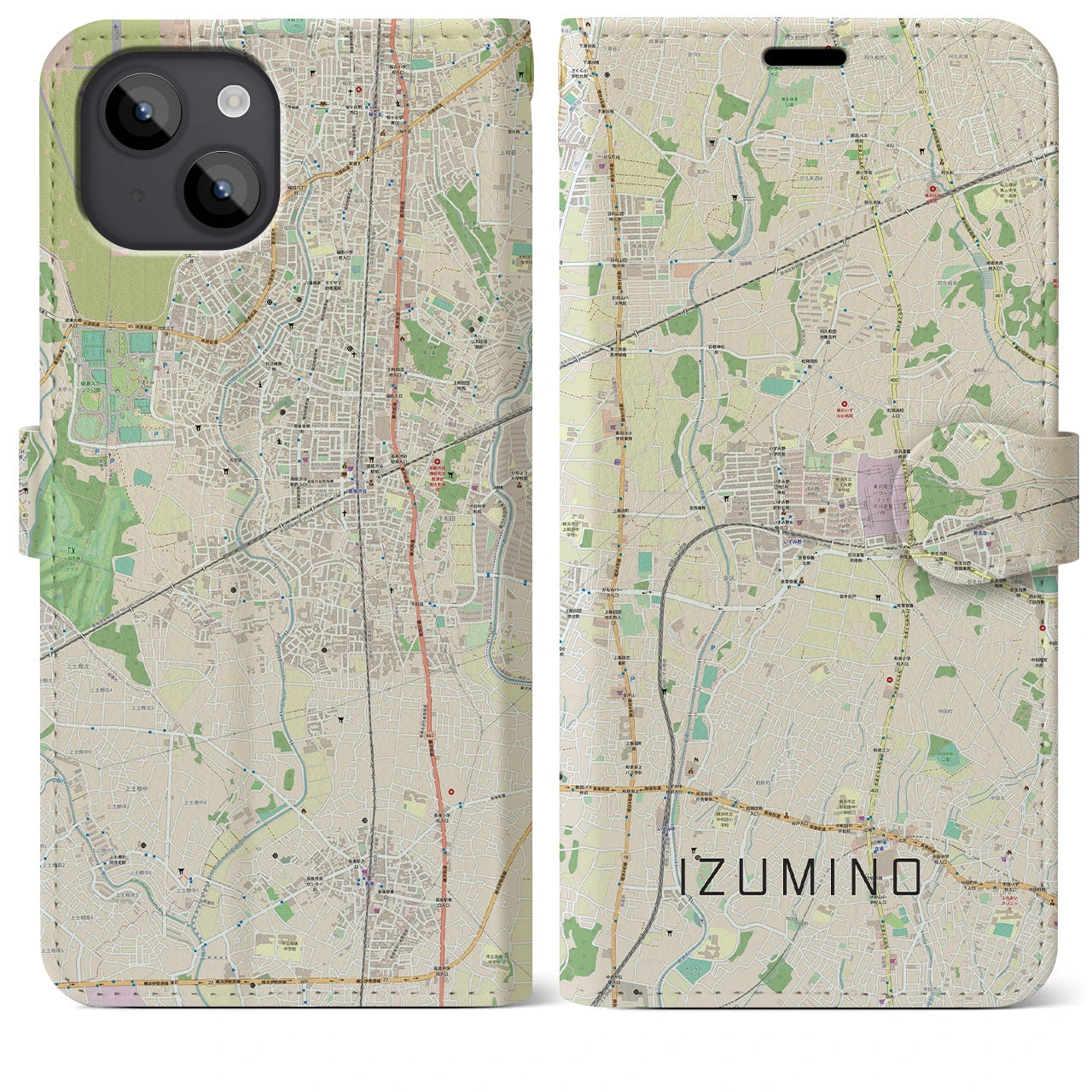 【いずみ野(神奈川県)】地図柄iPhoneケース(手帳タイプ)ナチュラル・iPhone 14 Plus 用