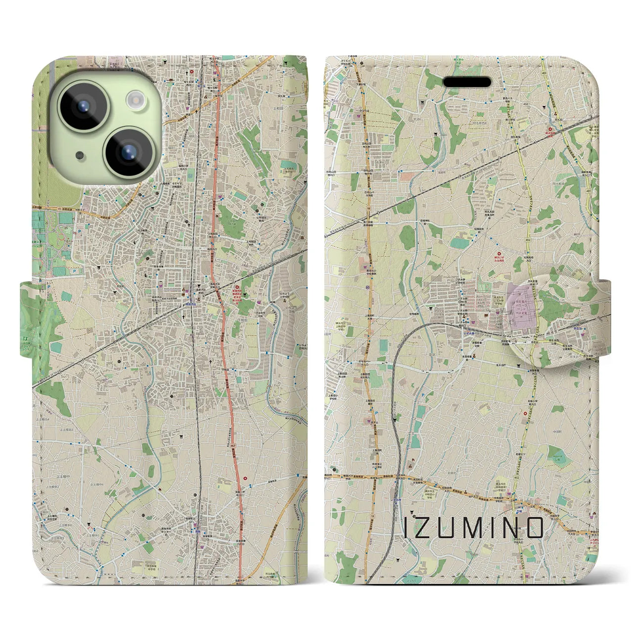 【いずみ野(神奈川県)】地図柄iPhoneケース(手帳タイプ)ナチュラル・iPhone 15 用