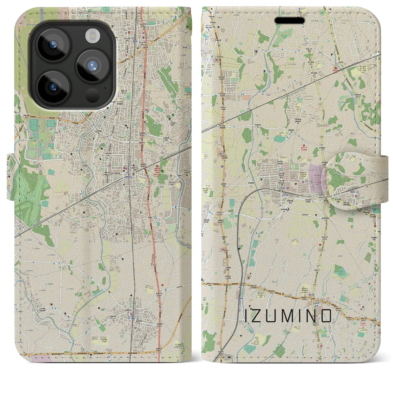 【いずみ野(神奈川県)】地図柄iPhoneケース(手帳タイプ)ナチュラル・iPhone 15 Pro Max 用
