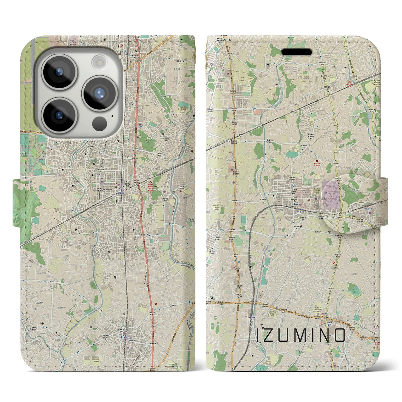 【いずみ野(神奈川県)】地図柄iPhoneケース(手帳タイプ)ナチュラル・iPhone 15 Pro 用