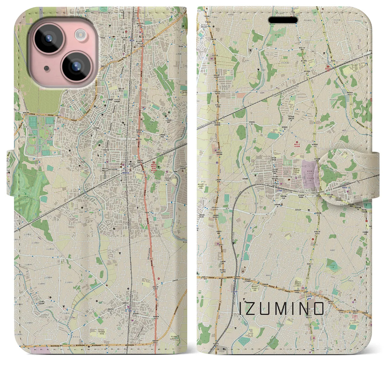 【いずみ野(神奈川県)】地図柄iPhoneケース(手帳タイプ)ナチュラル・iPhone 15 Plus 用