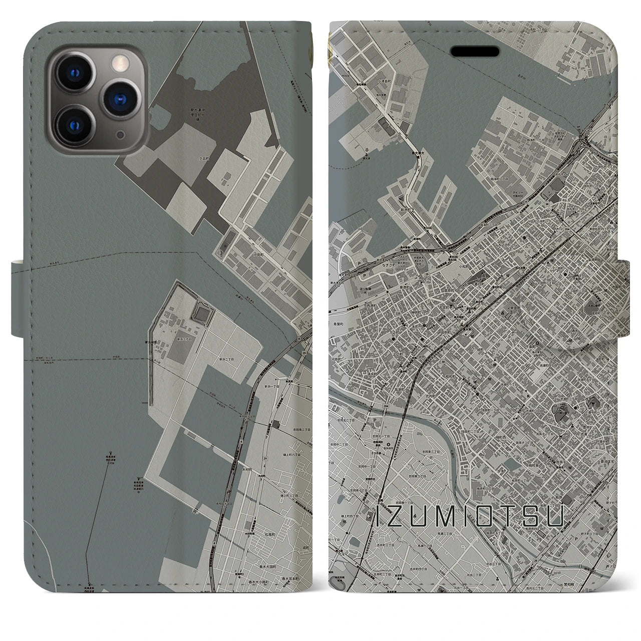 【泉大津(大阪府)】地図柄iPhoneケース(手帳タイプ)モノトーン・iPhone 11 Pro Max 用