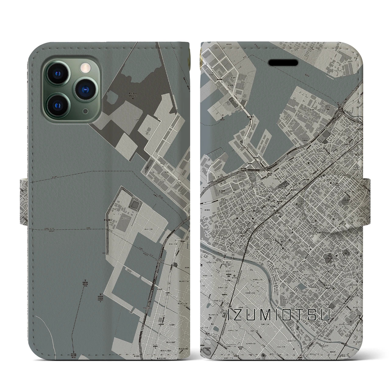 【泉大津(大阪府)】地図柄iPhoneケース(手帳タイプ)モノトーン・iPhone 11 Pro 用