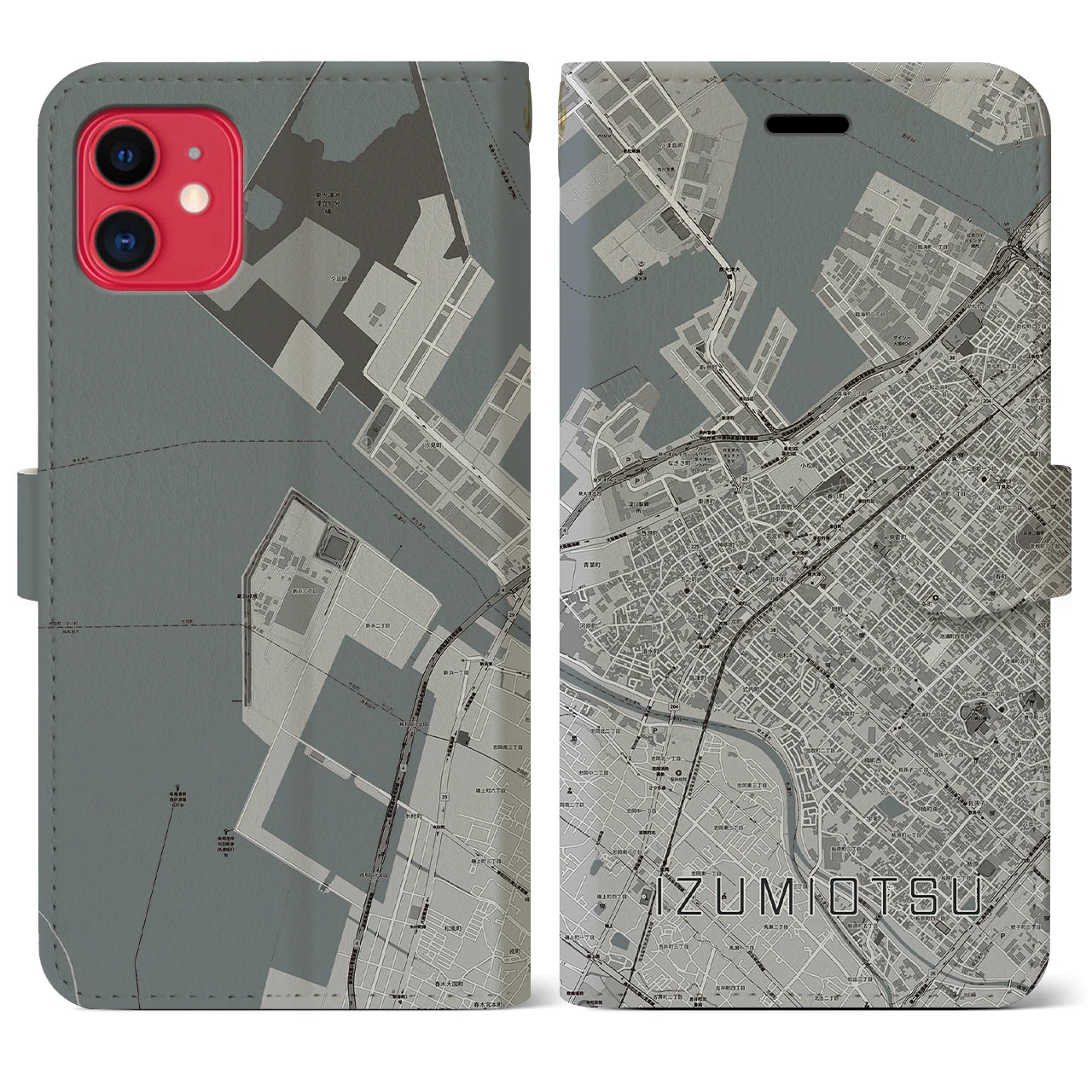 【泉大津(大阪府)】地図柄iPhoneケース(手帳タイプ)モノトーン・iPhone 11 用
