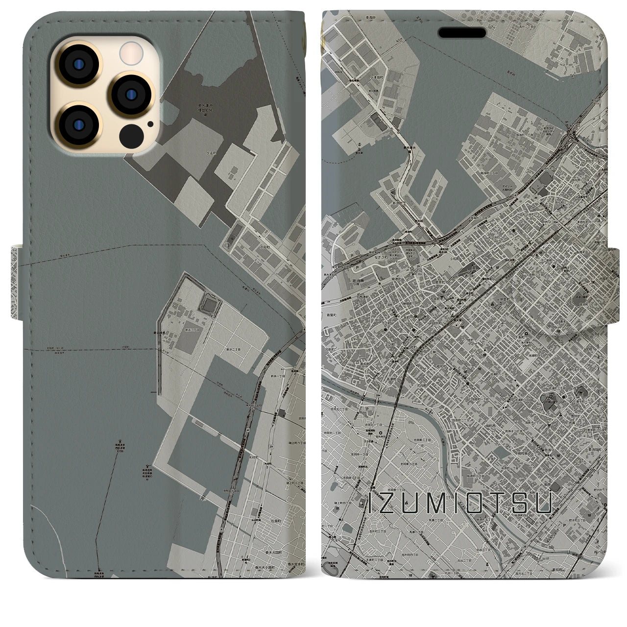 【泉大津(大阪府)】地図柄iPhoneケース(手帳タイプ)モノトーン・iPhone 12 Pro Max 用