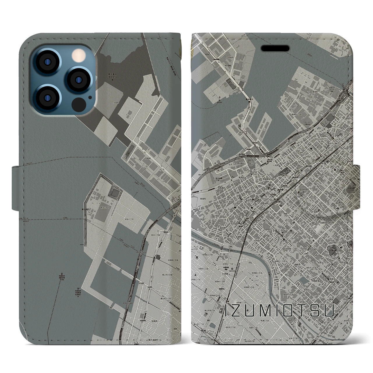 【泉大津(大阪府)】地図柄iPhoneケース(手帳タイプ)モノトーン・iPhone 12 / 12 Pro 用