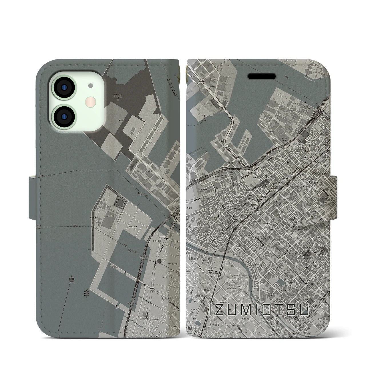 【泉大津(大阪府)】地図柄iPhoneケース(手帳タイプ)モノトーン・iPhone 12 mini 用