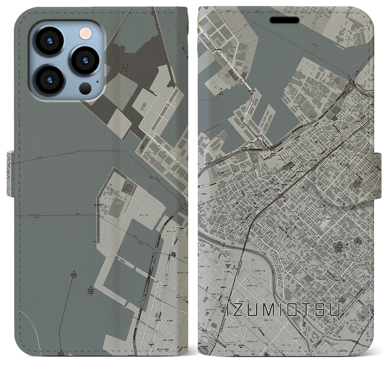 【泉大津(大阪府)】地図柄iPhoneケース(手帳タイプ)モノトーン・iPhone 13 Pro Max 用