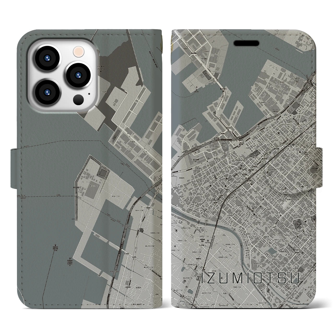 【泉大津(大阪府)】地図柄iPhoneケース(手帳タイプ)モノトーン・iPhone 13 Pro 用