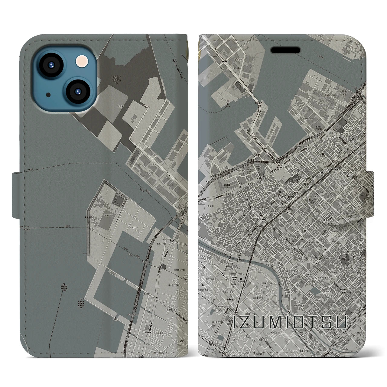 【泉大津(大阪府)】地図柄iPhoneケース(手帳タイプ)モノトーン・iPhone 13 用