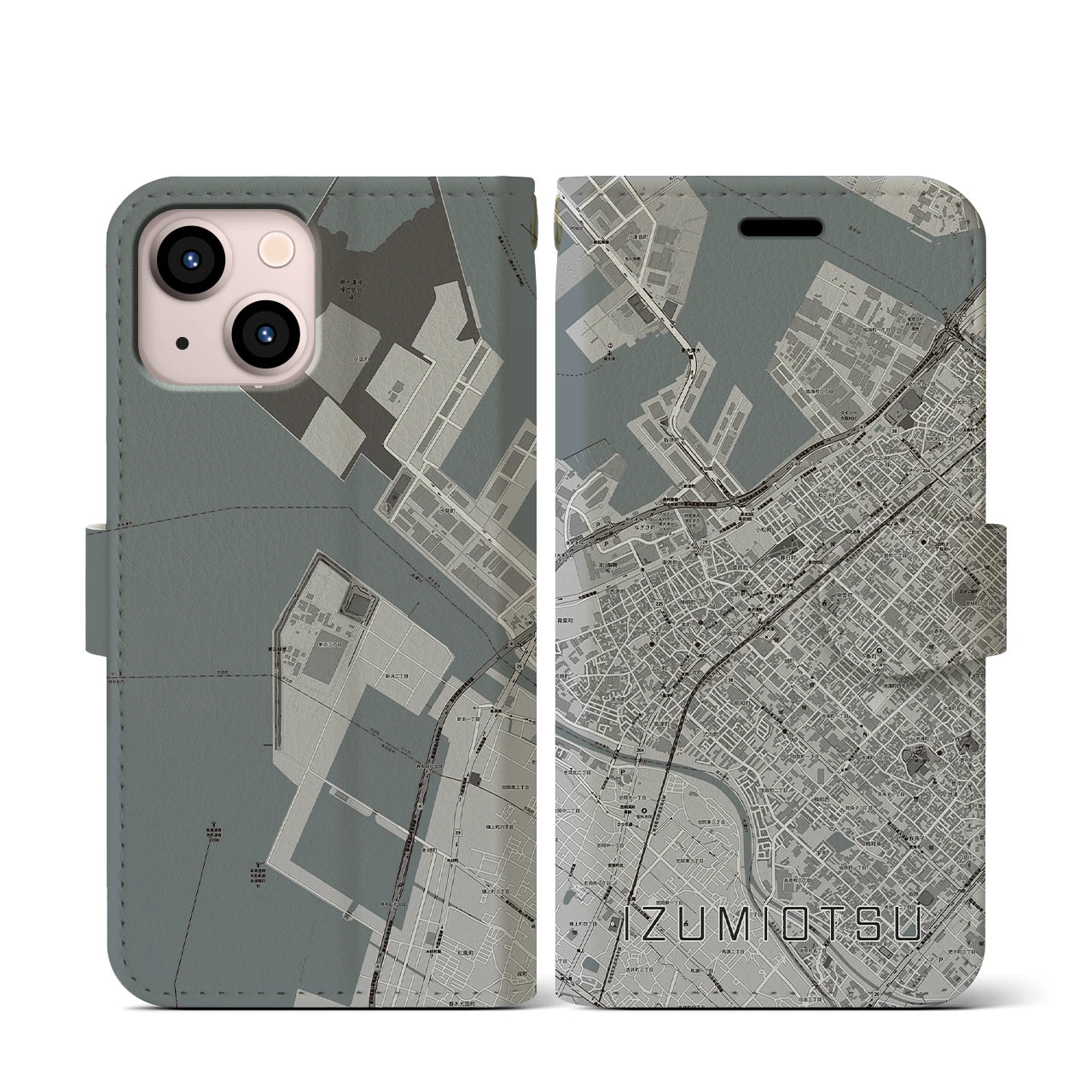 【泉大津(大阪府)】地図柄iPhoneケース(手帳タイプ)モノトーン・iPhone 13 mini 用