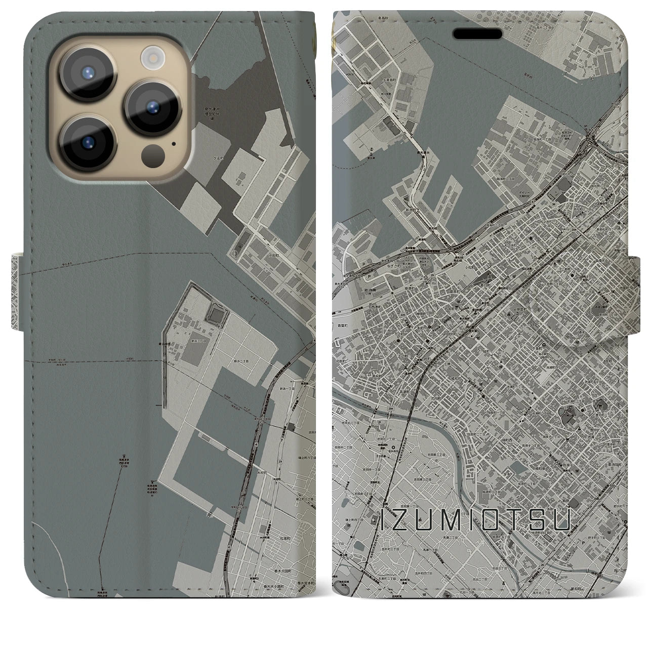 【泉大津(大阪府)】地図柄iPhoneケース(手帳タイプ)モノトーン・iPhone 14 Pro Max 用