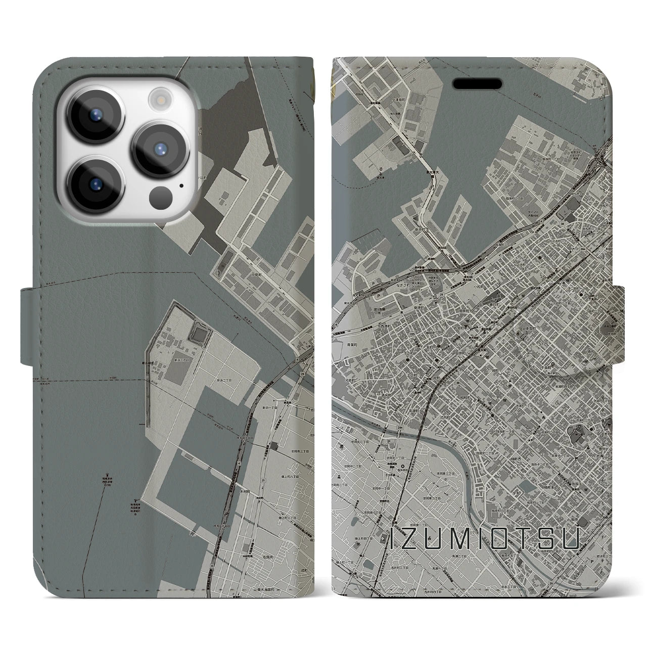 【泉大津(大阪府)】地図柄iPhoneケース(手帳タイプ)モノトーン・iPhone 14 Pro 用