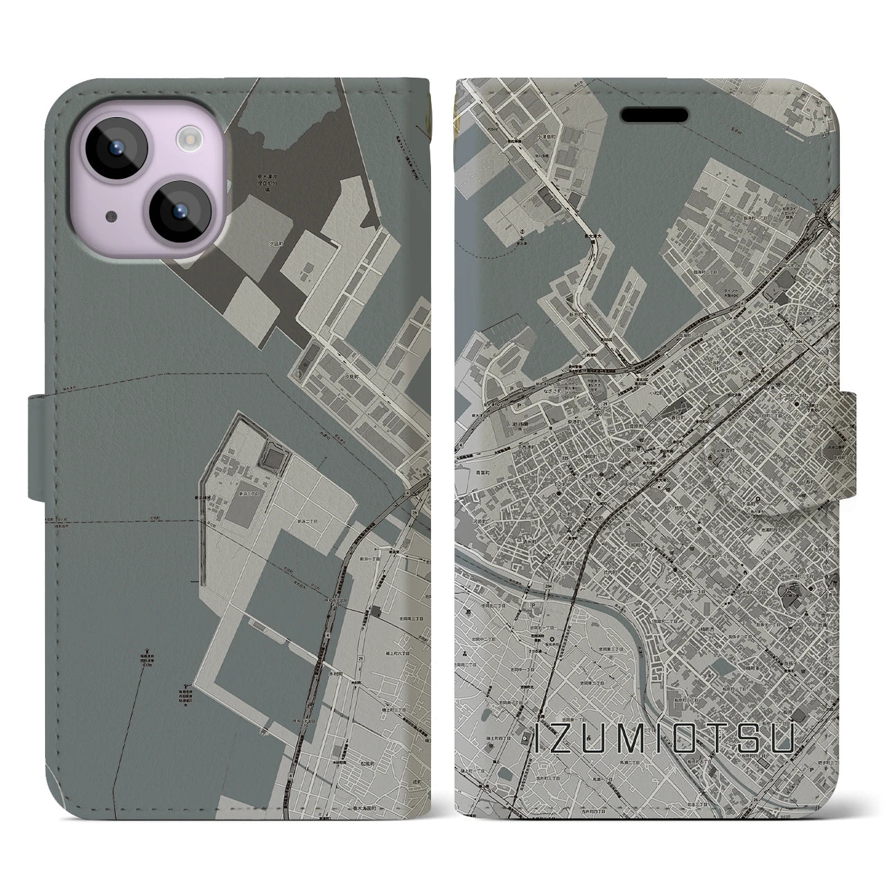 【泉大津(大阪府)】地図柄iPhoneケース(手帳タイプ)モノトーン・iPhone 14 用