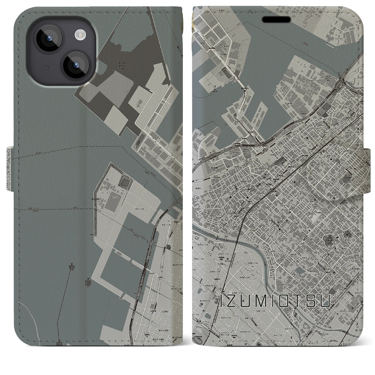 【泉大津(大阪府)】地図柄iPhoneケース(手帳タイプ)モノトーン・iPhone 14 Plus 用