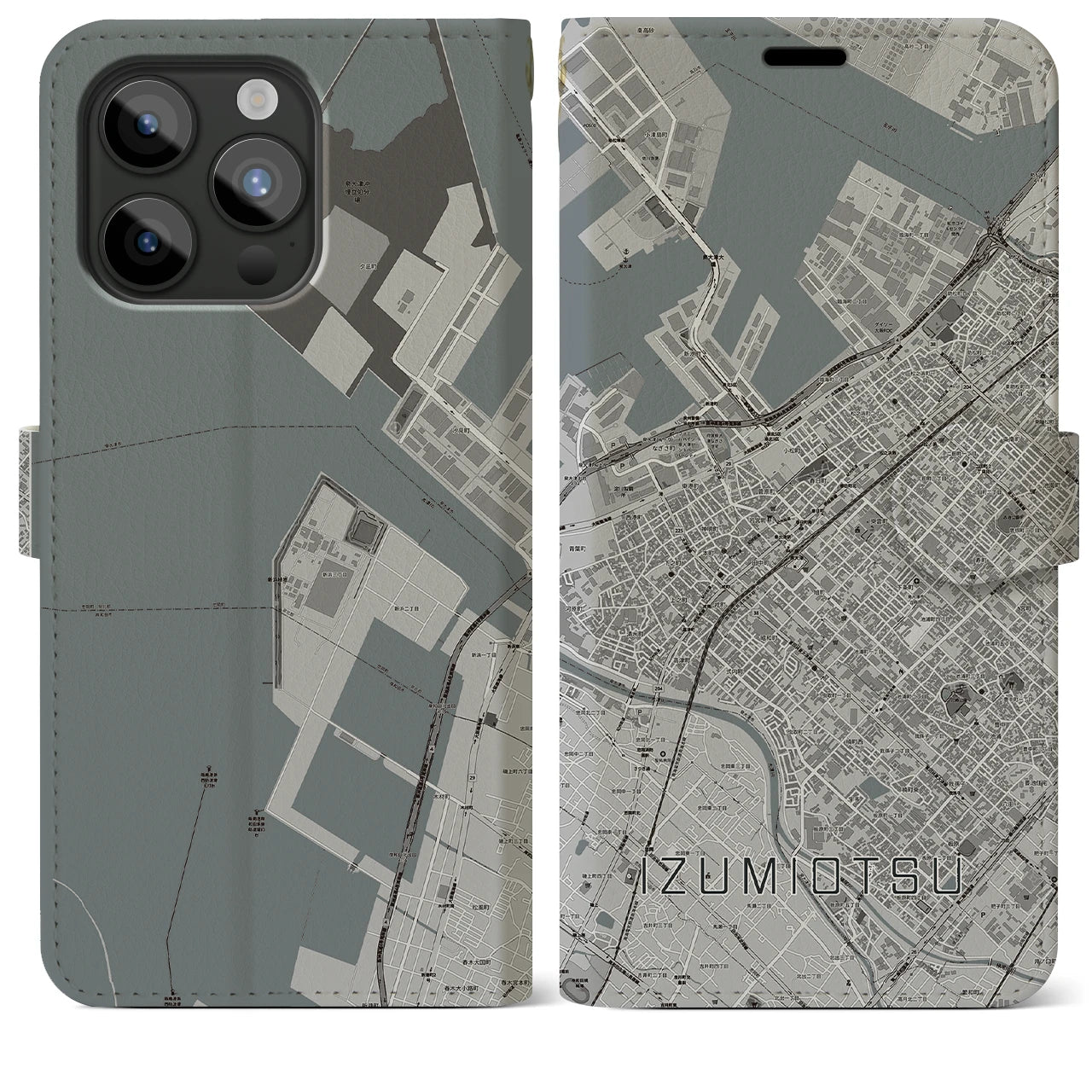 【泉大津(大阪府)】地図柄iPhoneケース(手帳タイプ)モノトーン・iPhone 15 Pro Max 用