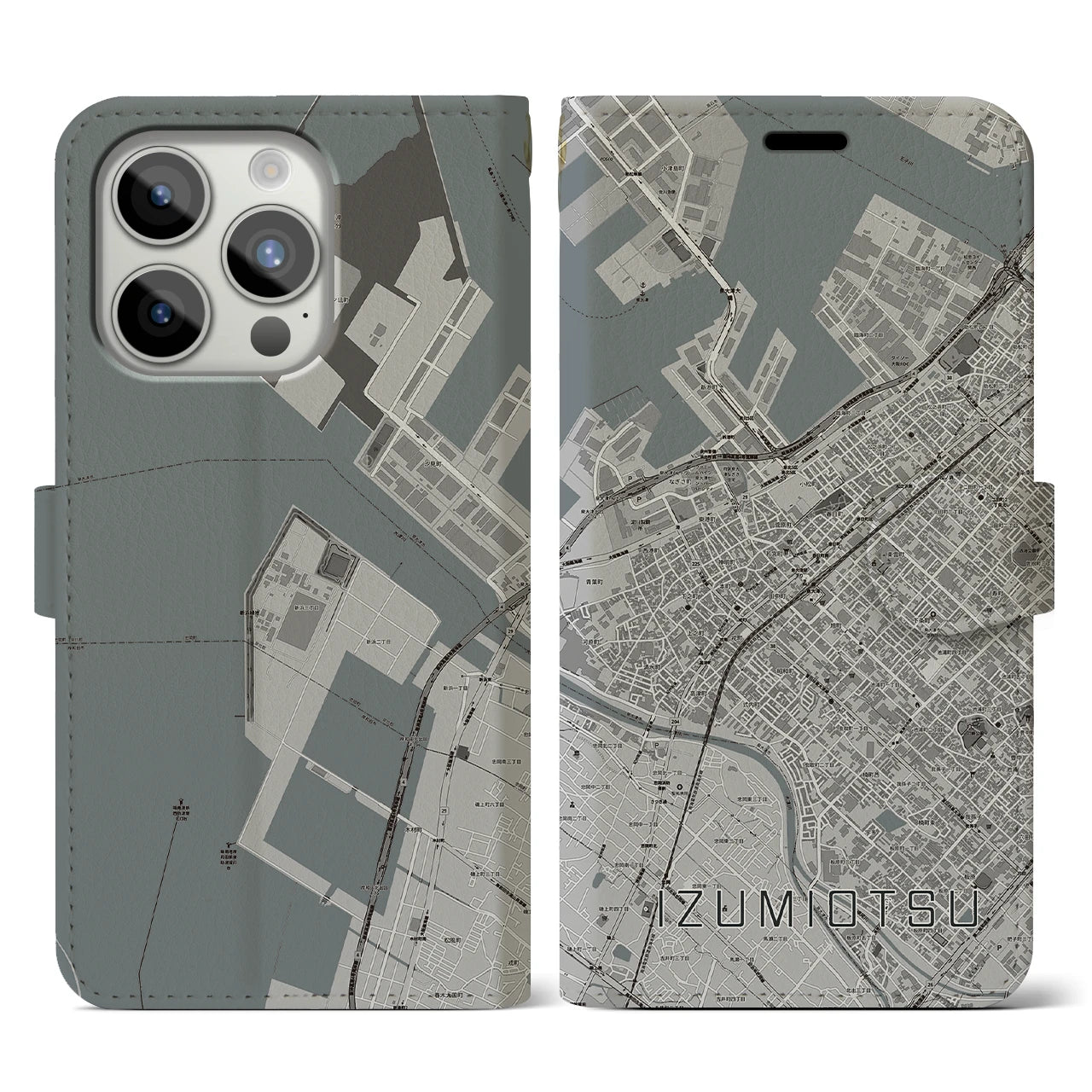 【泉大津(大阪府)】地図柄iPhoneケース(手帳タイプ)モノトーン・iPhone 15 Pro 用