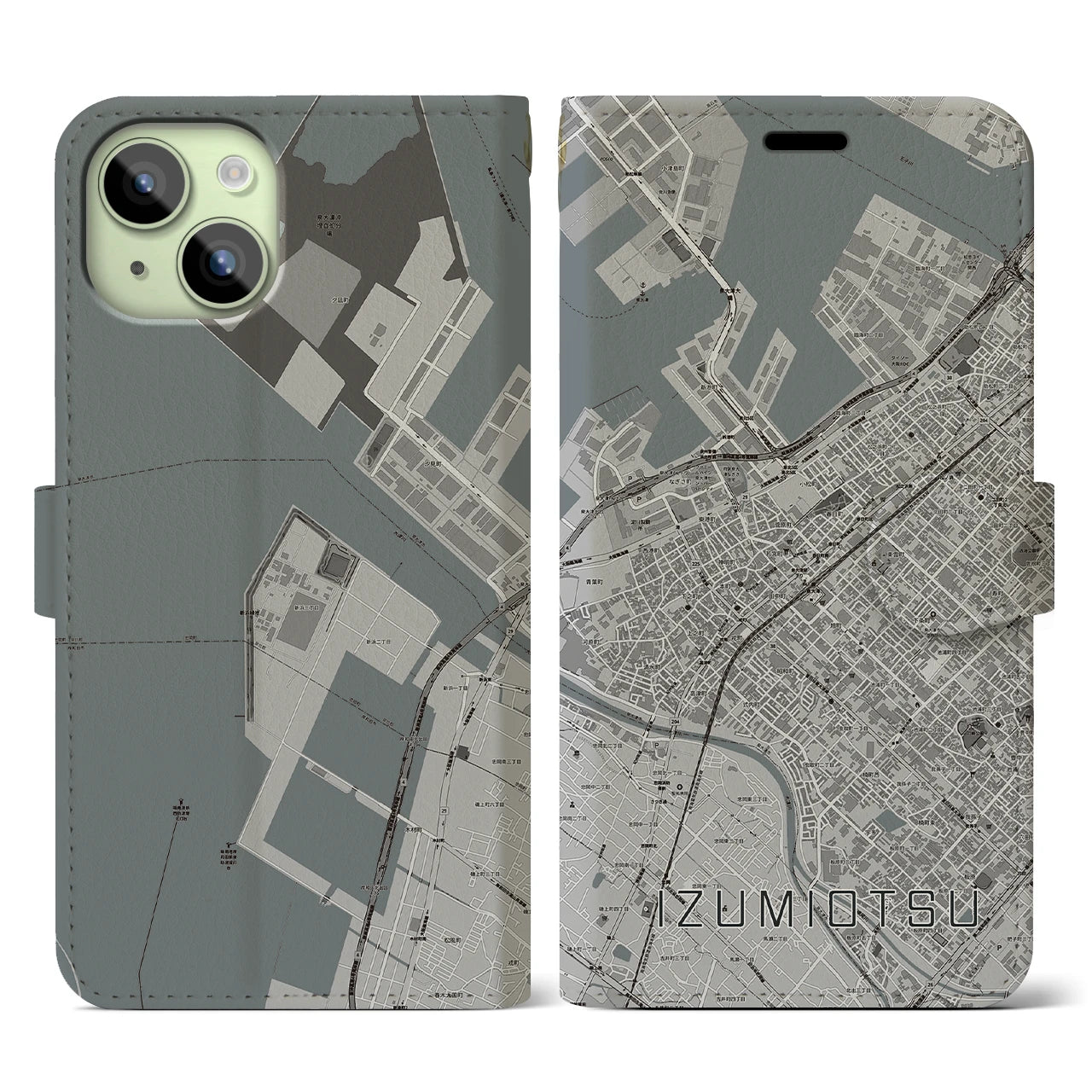 【泉大津(大阪府)】地図柄iPhoneケース(手帳タイプ)モノトーン・iPhone 15 用