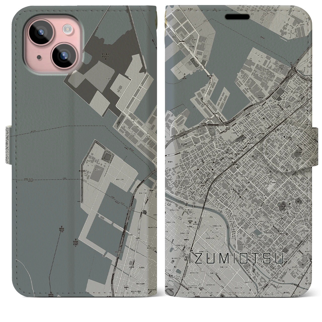 【泉大津(大阪府)】地図柄iPhoneケース(手帳タイプ)モノトーン・iPhone 15 Plus 用