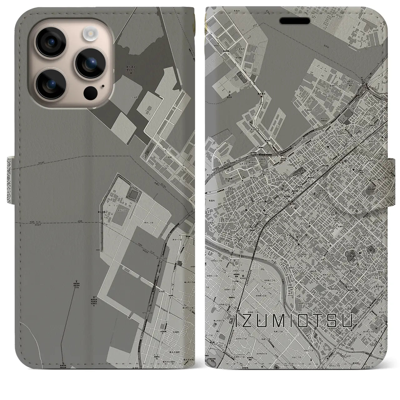 【泉大津(大阪府)】地図柄iPhoneケース(手帳タイプ)モノトーン・iPhone 16 Plus 用
