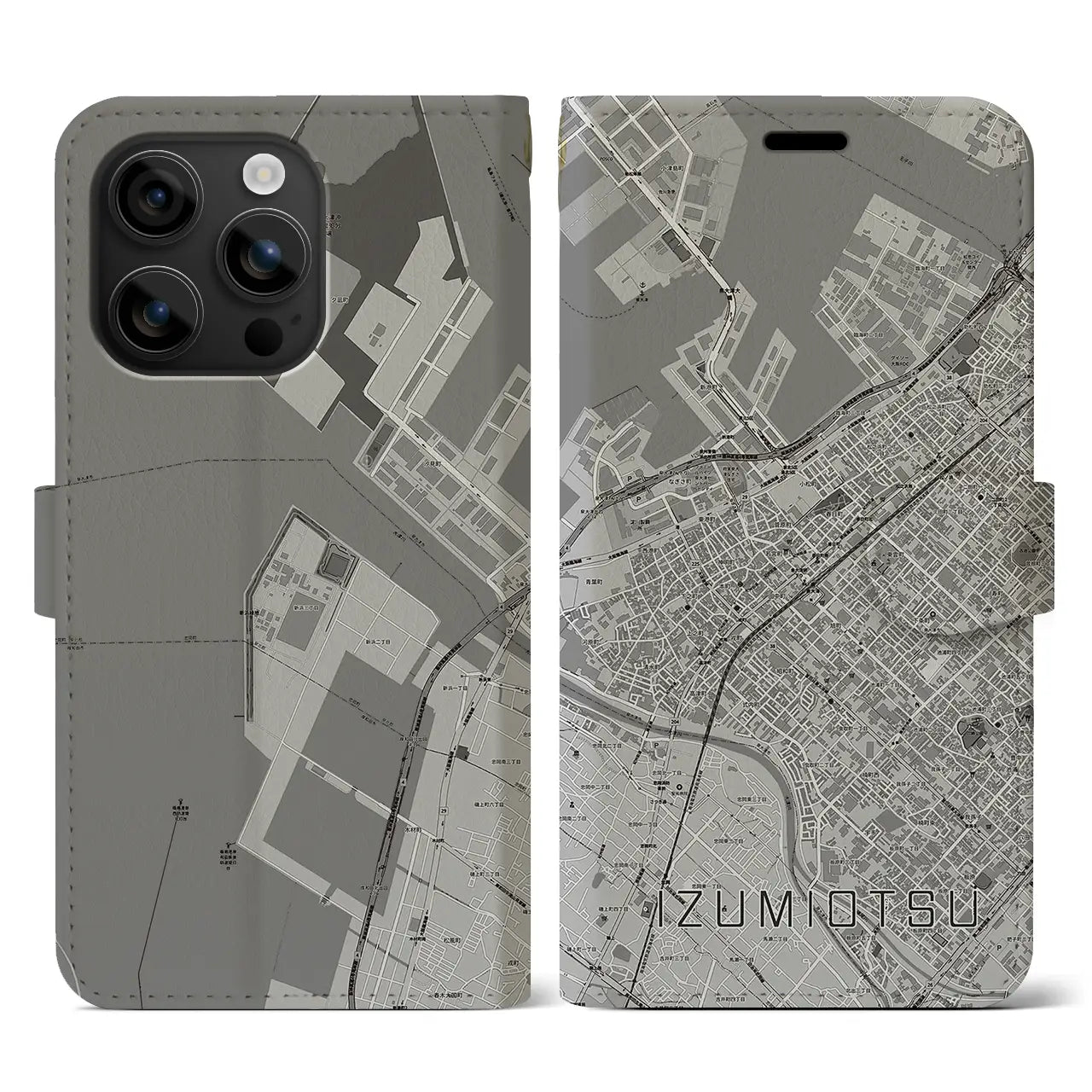 【泉大津(大阪府)】地図柄iPhoneケース(手帳タイプ)モノトーン・iPhone 16 用
