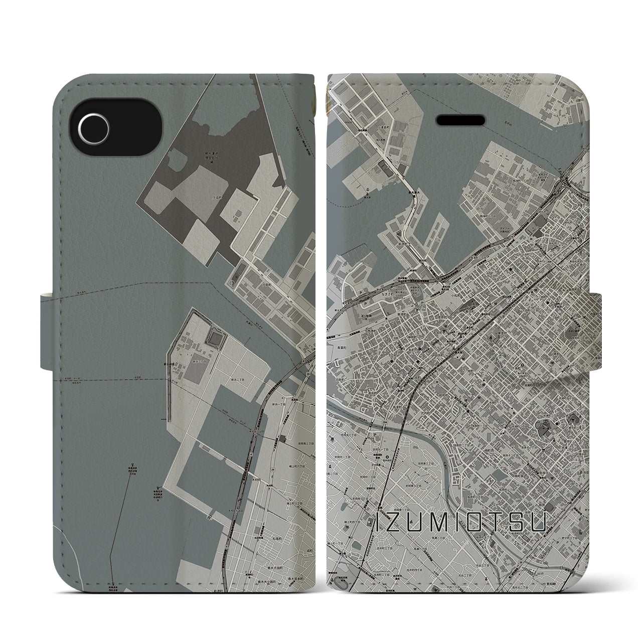 【泉大津(大阪府)】地図柄iPhoneケース(手帳タイプ)モノトーン・iPhone SE(第3 / 第2世代) / 8 / 7 / 6s / 6 用