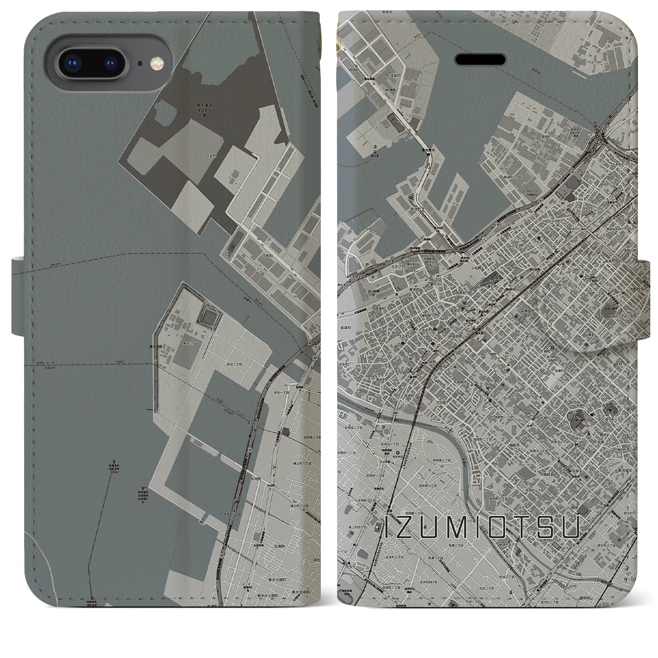 【泉大津(大阪府)】地図柄iPhoneケース(手帳タイプ)モノトーン・iPhone 8Plus /7Plus / 6sPlus / 6Plus 用