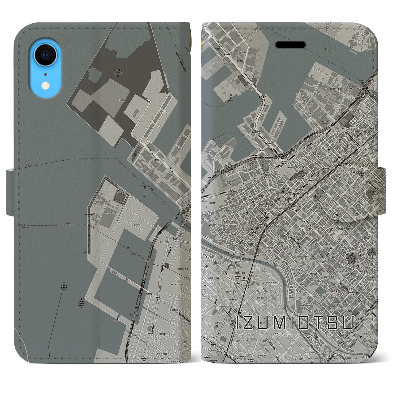 【泉大津(大阪府)】地図柄iPhoneケース(手帳タイプ)モノトーン・iPhone XR 用
