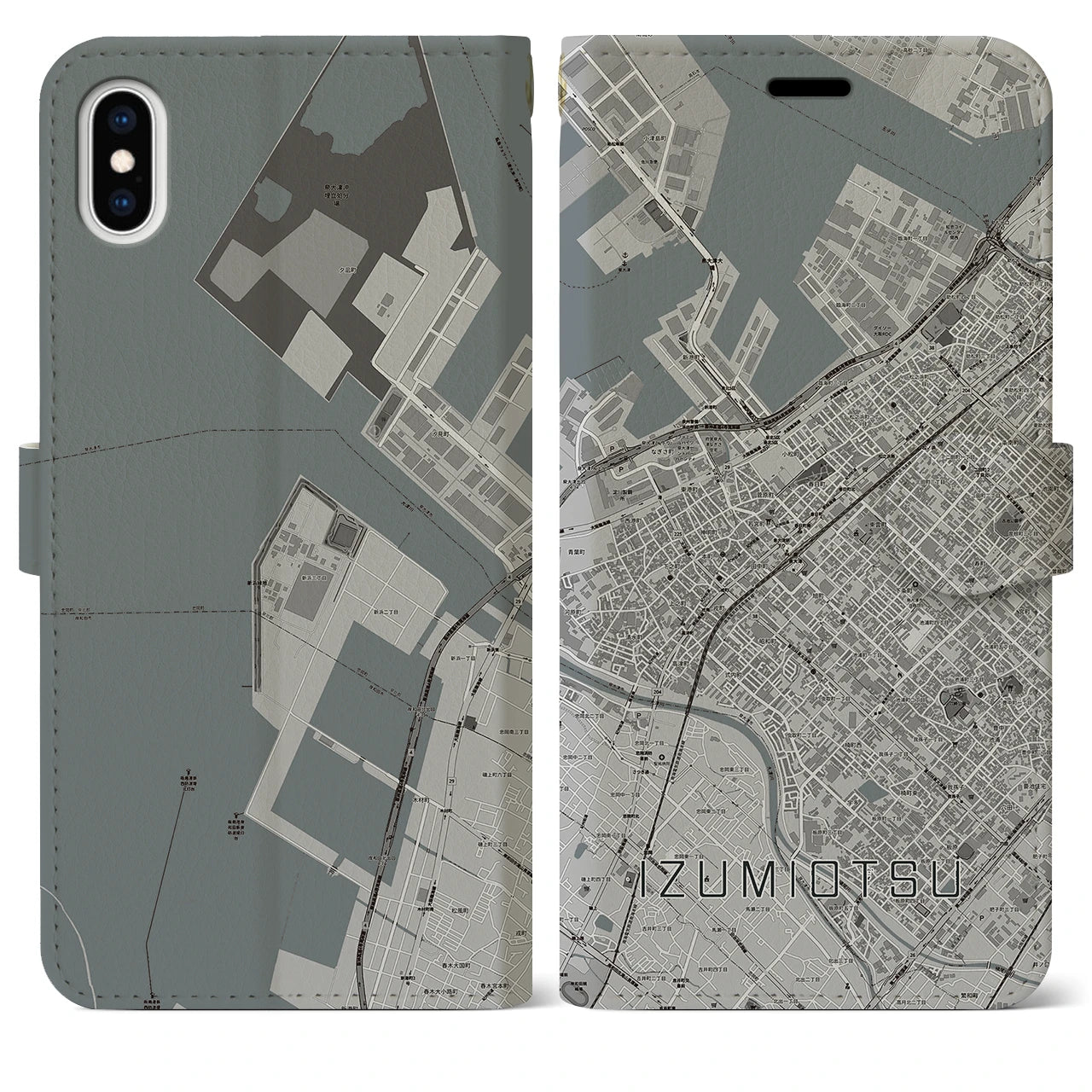 【泉大津(大阪府)】地図柄iPhoneケース(手帳タイプ)モノトーン・iPhone XS Max 用