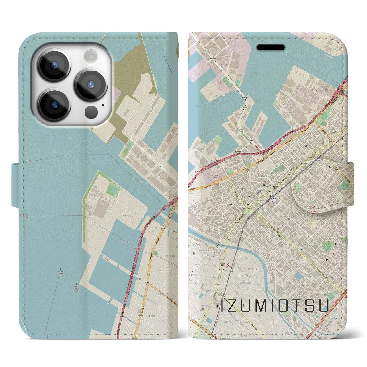 【泉大津(大阪府)】地図柄iPhoneケース(手帳タイプ)ナチュラル・iPhone 14 Pro 用