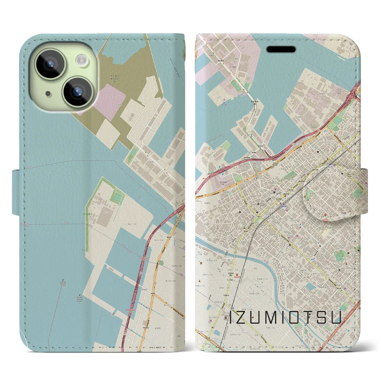 【泉大津(大阪府)】地図柄iPhoneケース(手帳タイプ)ナチュラル・iPhone 15 用