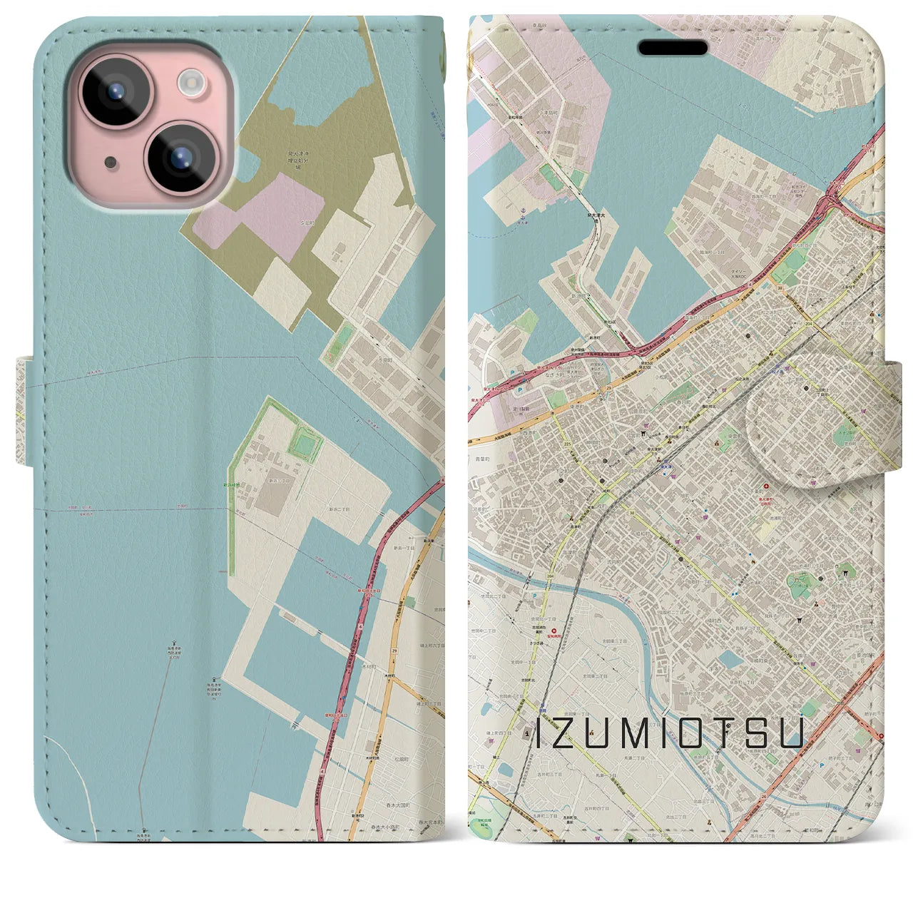 【泉大津(大阪府)】地図柄iPhoneケース(手帳タイプ)ナチュラル・iPhone 15 Plus 用