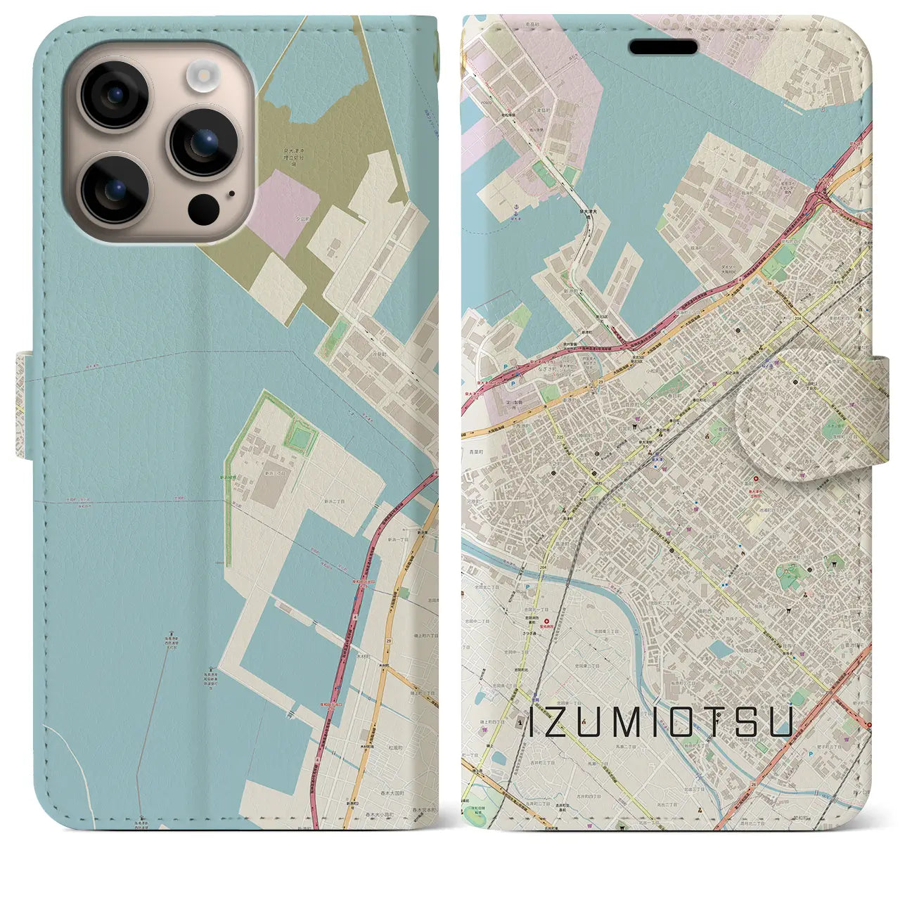 【泉大津(大阪府)】地図柄iPhoneケース(手帳タイプ)ナチュラル・iPhone 16 Plus 用