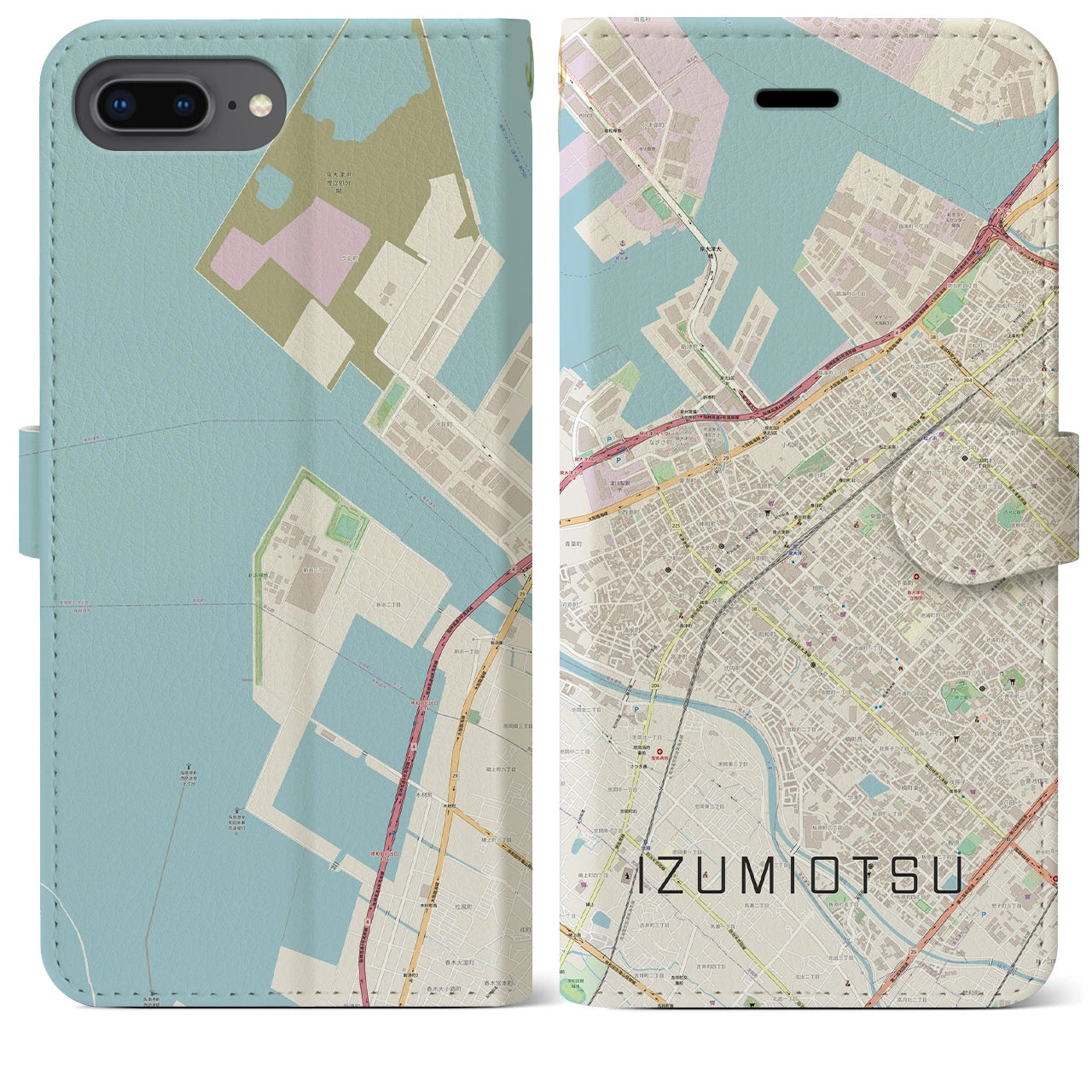 【泉大津(大阪府)】地図柄iPhoneケース(手帳タイプ)ナチュラル・iPhone 8Plus /7Plus / 6sPlus / 6Plus 用