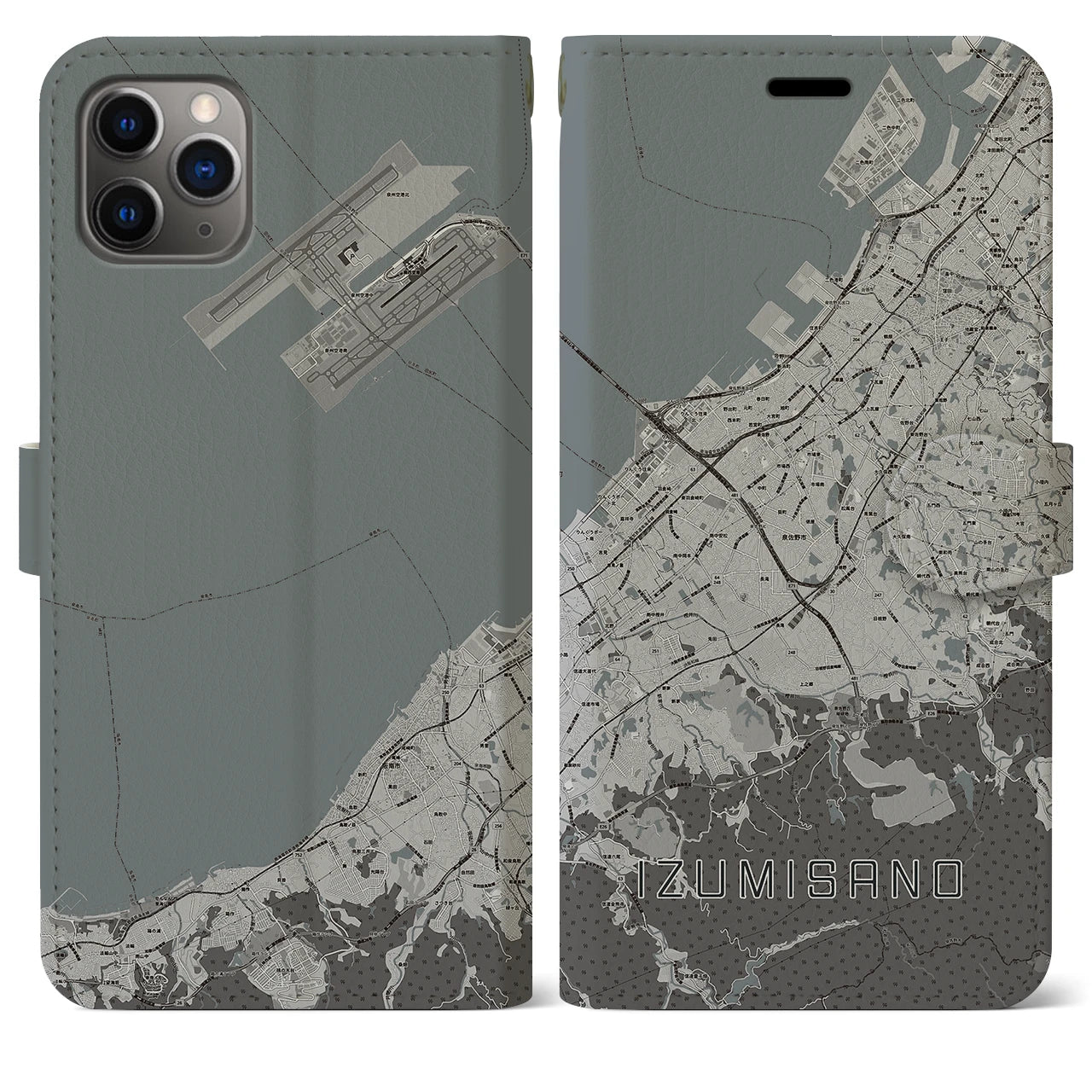 【泉佐野(大阪府)】地図柄iPhoneケース(手帳タイプ)モノトーン・iPhone 11 Pro Max 用