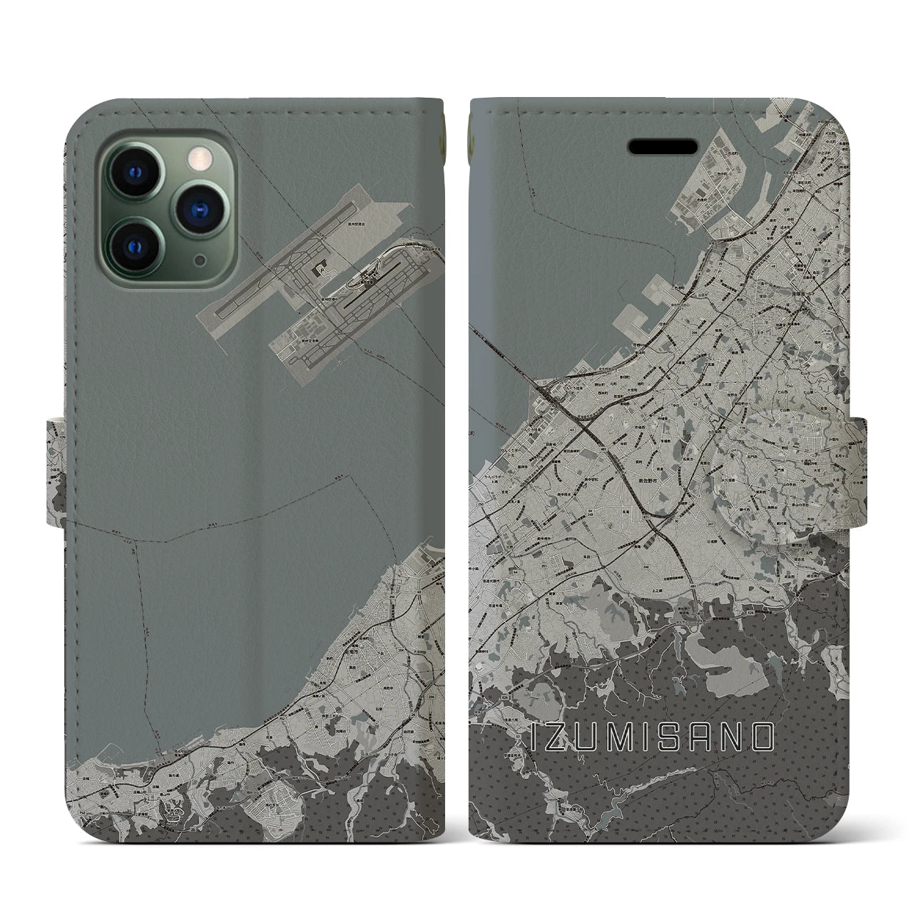 【泉佐野(大阪府)】地図柄iPhoneケース(手帳タイプ)モノトーン・iPhone 11 Pro 用