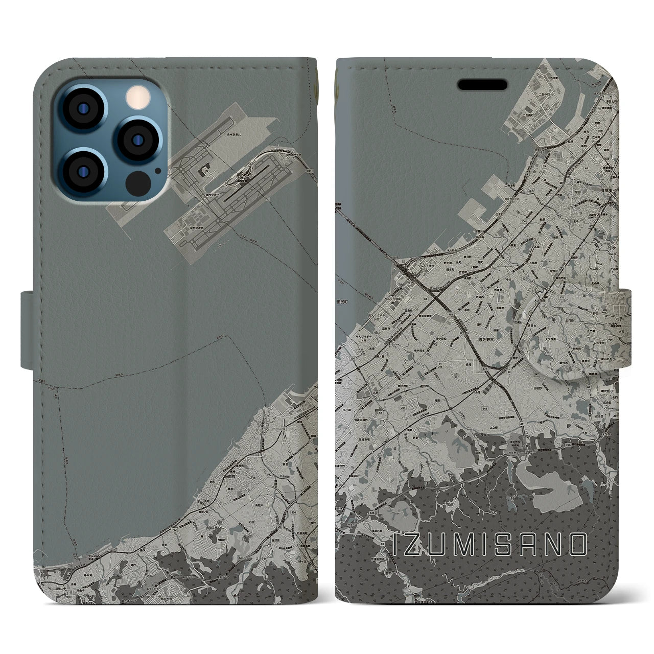 【泉佐野(大阪府)】地図柄iPhoneケース(手帳タイプ)モノトーン・iPhone 12 / 12 Pro 用