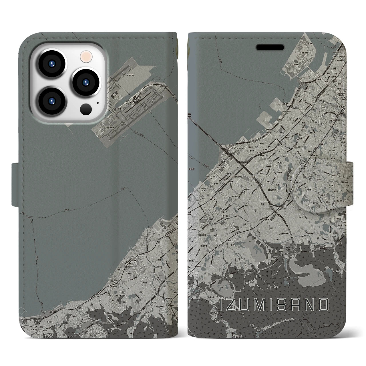 【泉佐野(大阪府)】地図柄iPhoneケース(手帳タイプ)モノトーン・iPhone 13 Pro 用