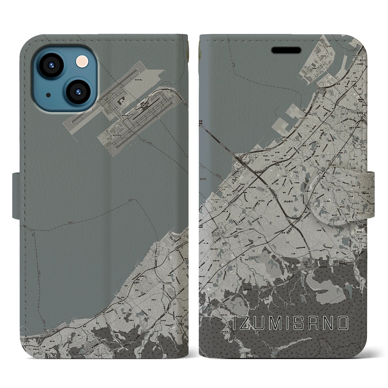 【泉佐野(大阪府)】地図柄iPhoneケース(手帳タイプ)モノトーン・iPhone 13 用