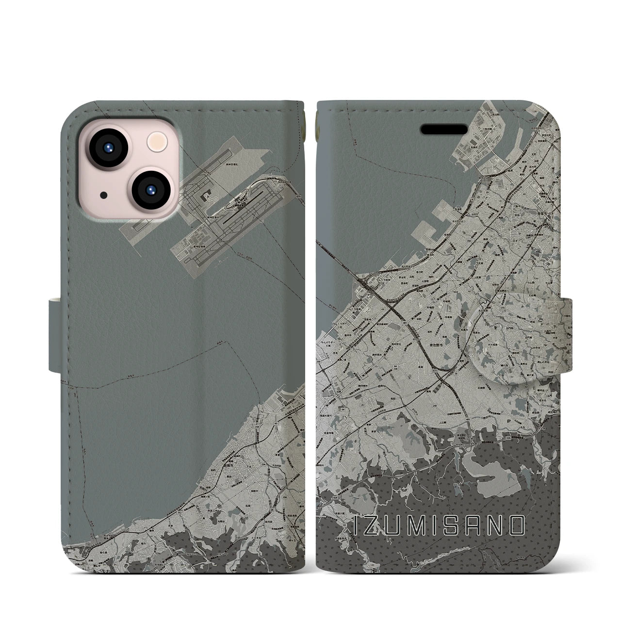 【泉佐野(大阪府)】地図柄iPhoneケース(手帳タイプ)モノトーン・iPhone 13 mini 用