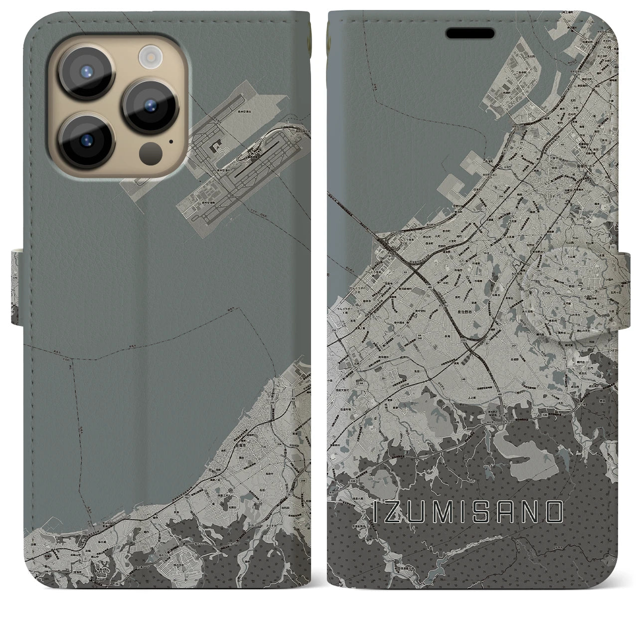 【泉佐野(大阪府)】地図柄iPhoneケース(手帳タイプ)モノトーン・iPhone 14 Pro Max 用