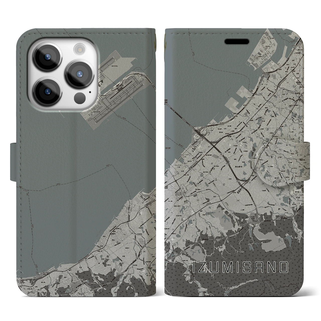 【泉佐野(大阪府)】地図柄iPhoneケース(手帳タイプ)モノトーン・iPhone 14 Pro 用