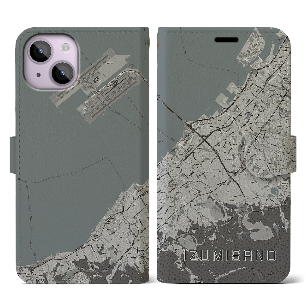 【泉佐野(大阪府)】地図柄iPhoneケース(手帳タイプ)モノトーン・iPhone 14 用