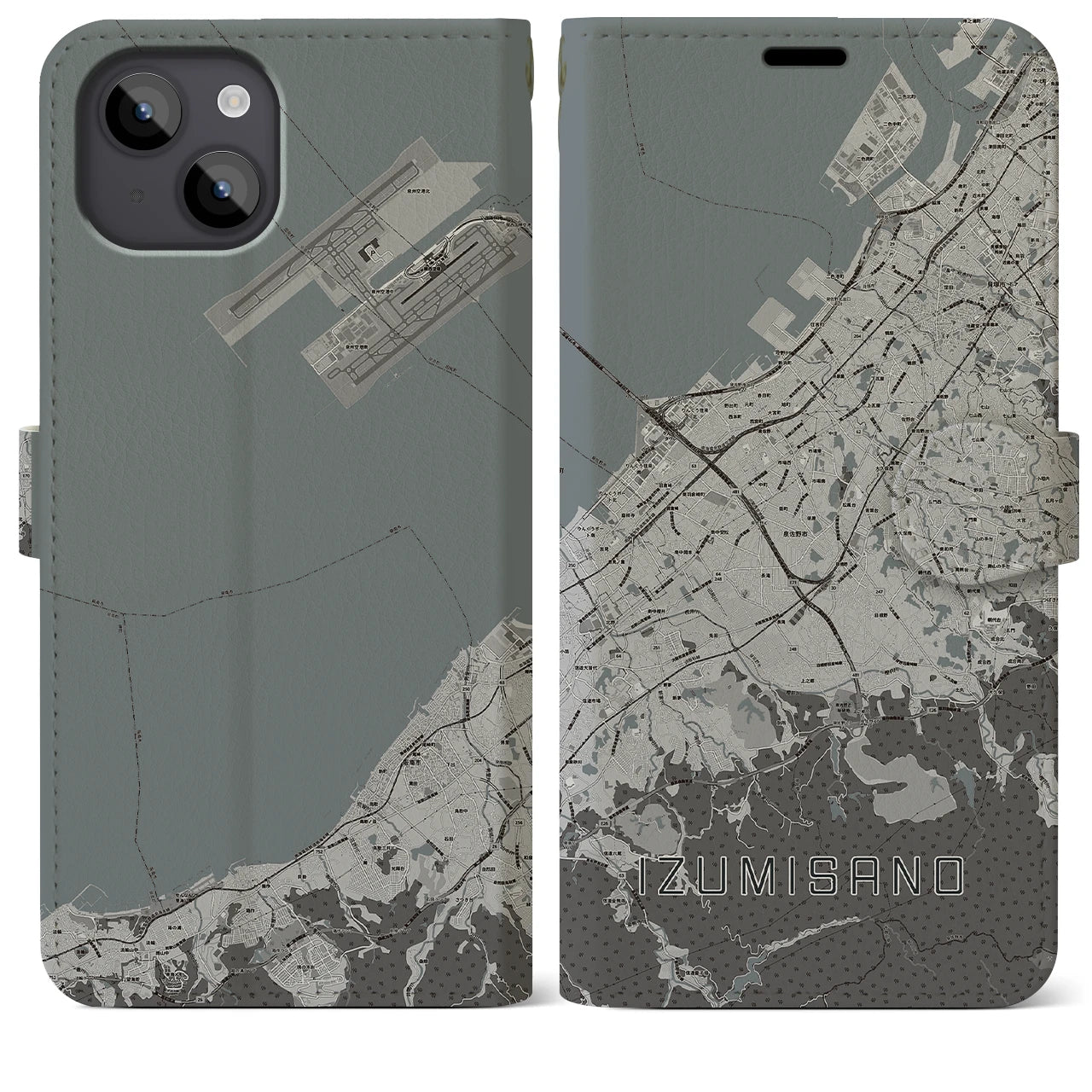 【泉佐野(大阪府)】地図柄iPhoneケース(手帳タイプ)モノトーン・iPhone 14 Plus 用