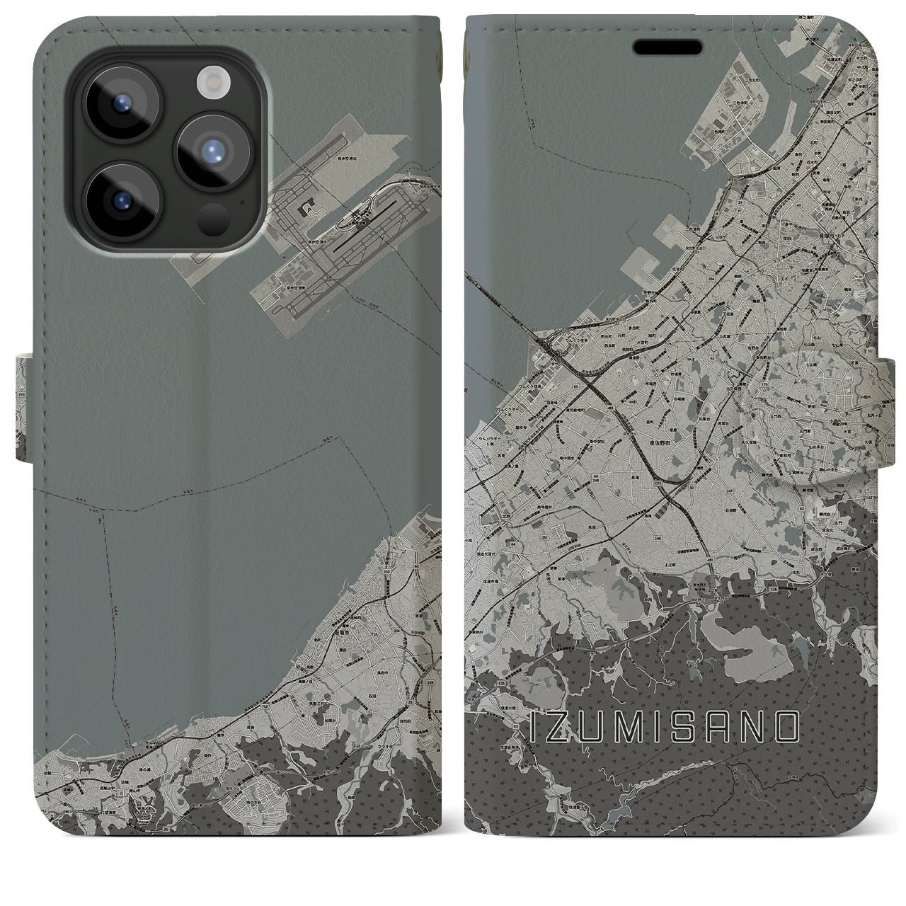 【泉佐野(大阪府)】地図柄iPhoneケース(手帳タイプ)モノトーン・iPhone 15 Pro Max 用