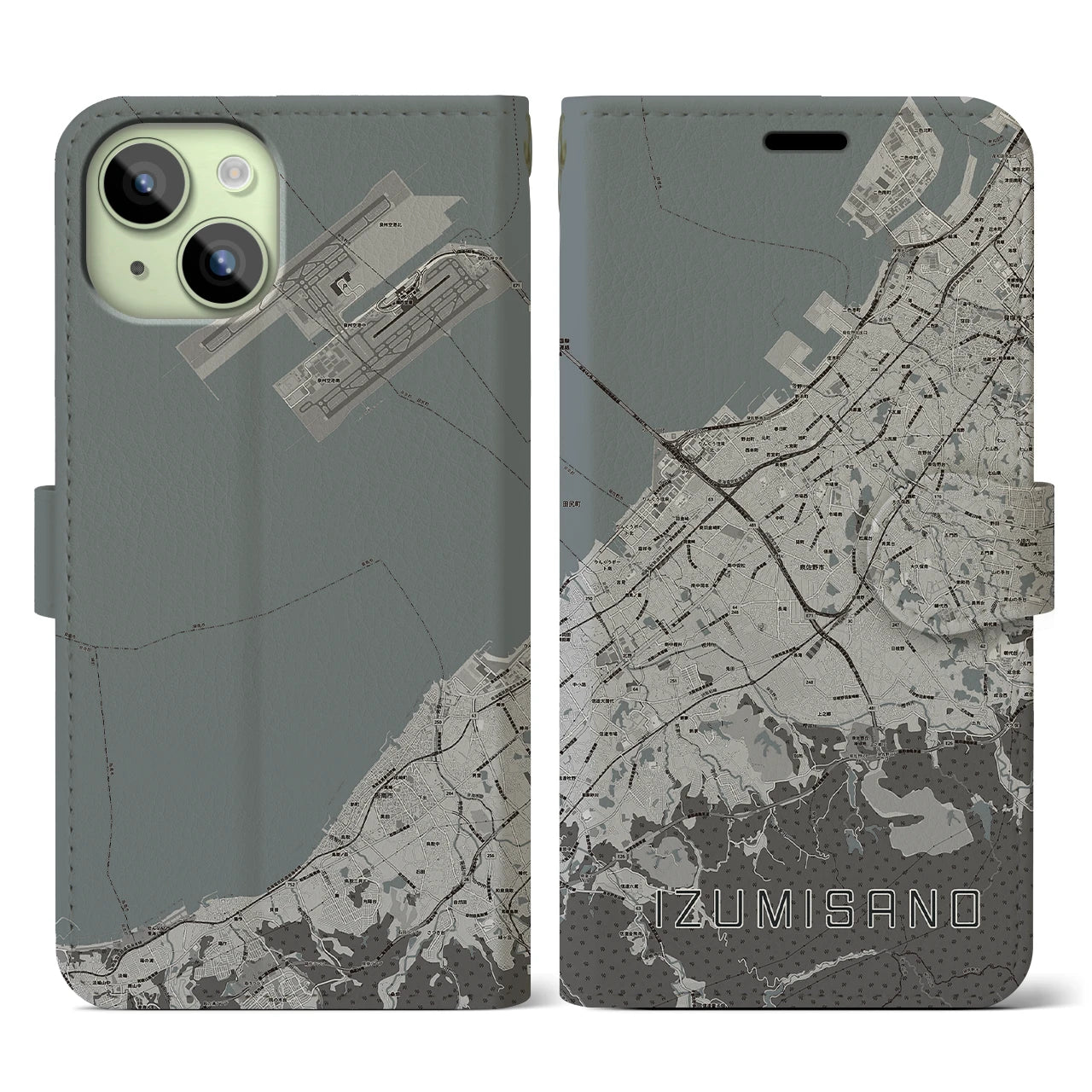 【泉佐野(大阪府)】地図柄iPhoneケース(手帳タイプ)モノトーン・iPhone 15 用