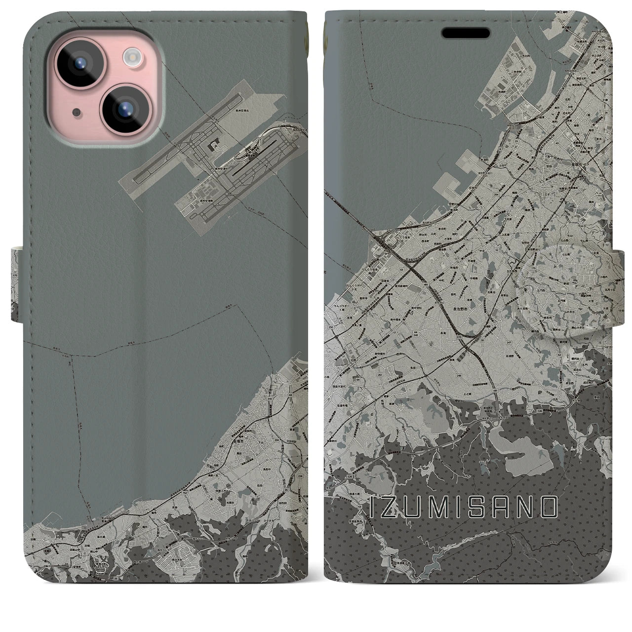【泉佐野(大阪府)】地図柄iPhoneケース(手帳タイプ)モノトーン・iPhone 15 Plus 用