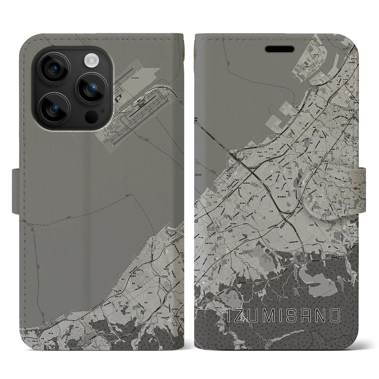 【泉佐野(大阪府)】地図柄iPhoneケース(手帳タイプ)モノトーン・iPhone 16 用